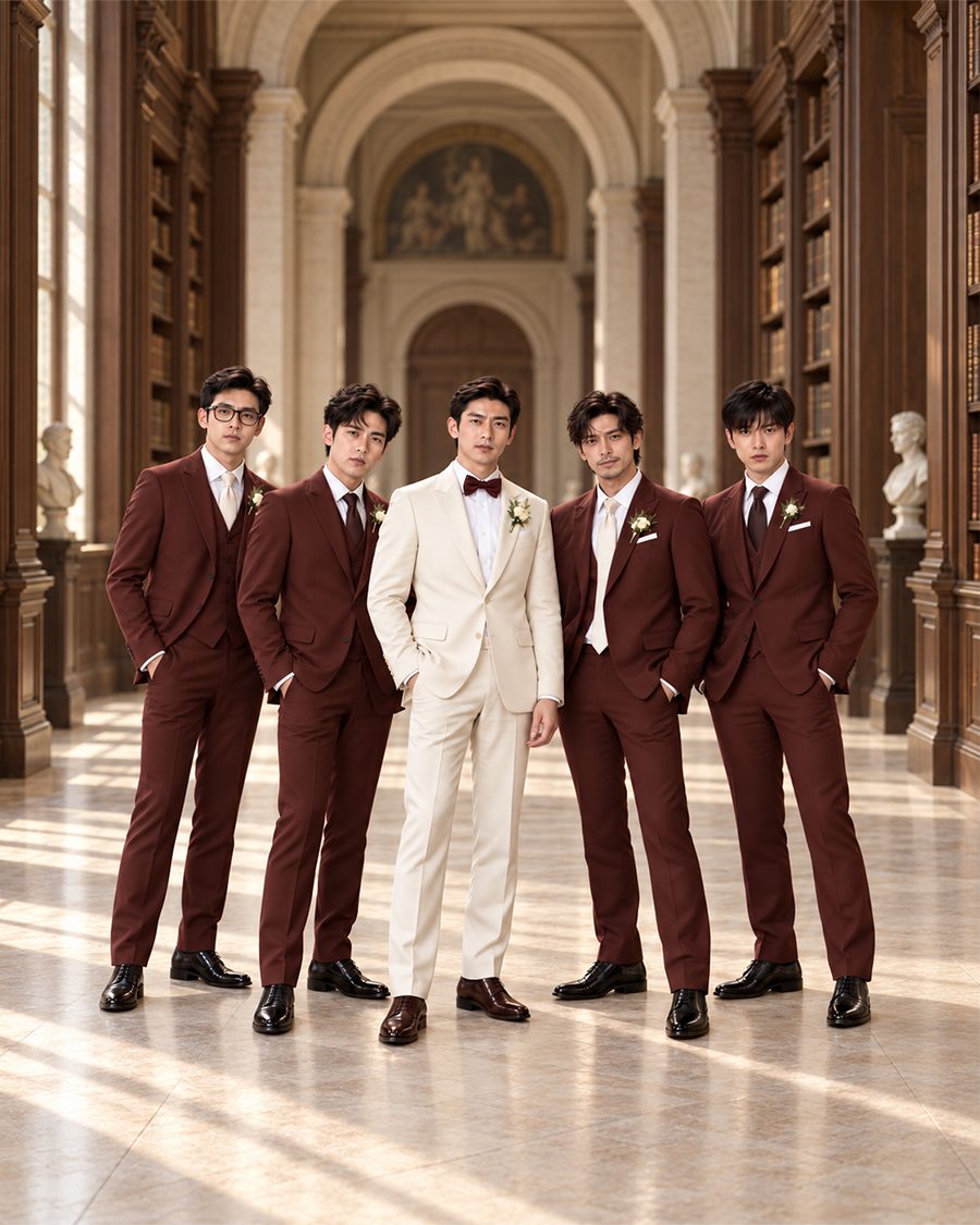 ทีมเพื่อนเจ้าบ่าว 5 คน ในชุดสูทเช่าจาก The Smith Suit