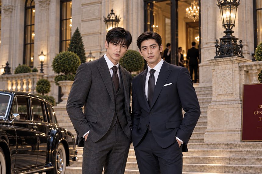 สองชายในชุดสูทหน้าโรงแรมหรู