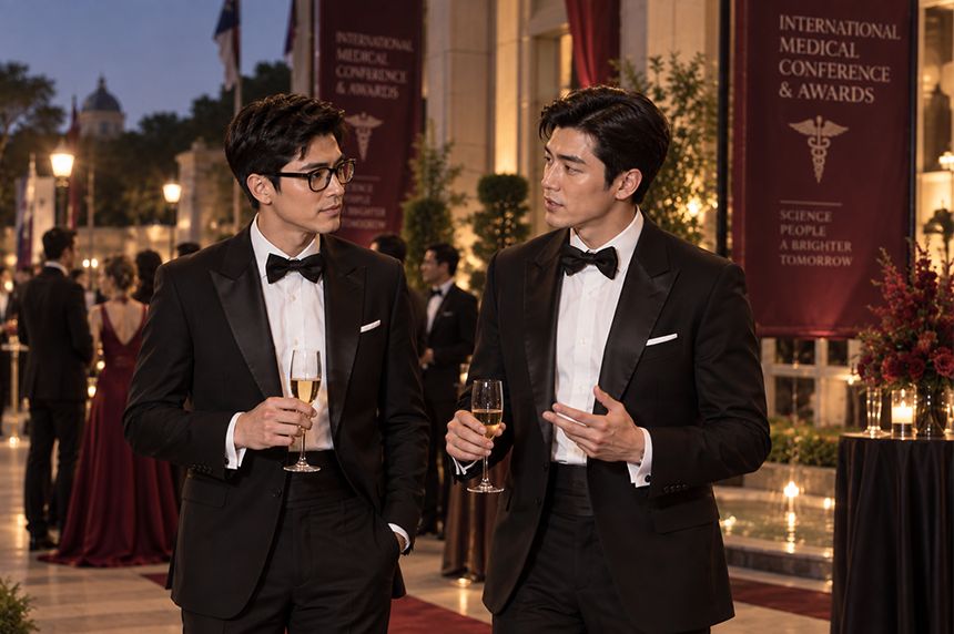 สองชายในชุดทักซิโด้ในงานประชุมวิชาการ